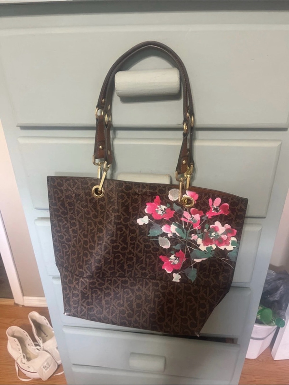 Calvin Klein Brown Monogram Tote with Pink Floral Accent